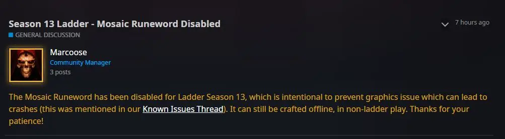 디아블로2 레저렉션 악마술사의 군림 래더13시즌 시작 및 모자이크 룬워드 관련 이슈 - 13시즌모자이크제작불가오피셜공지사항원문